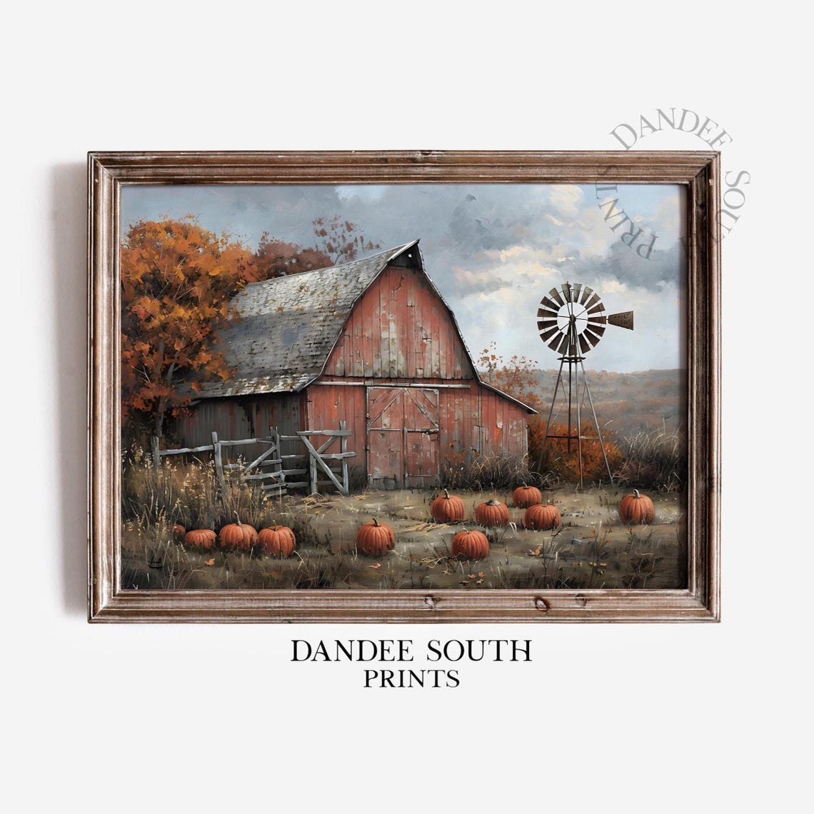 Rustic Red Barn Pumpkins Autumn Farmhouse Windmill Harvest Print