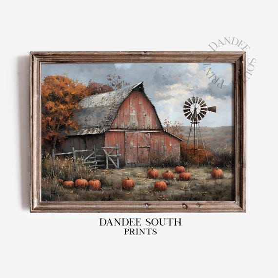 Rustic Fall Barn Wall Art Vintage Autumn Landscape Farmhouse Print Pumpkins Home Decor 598