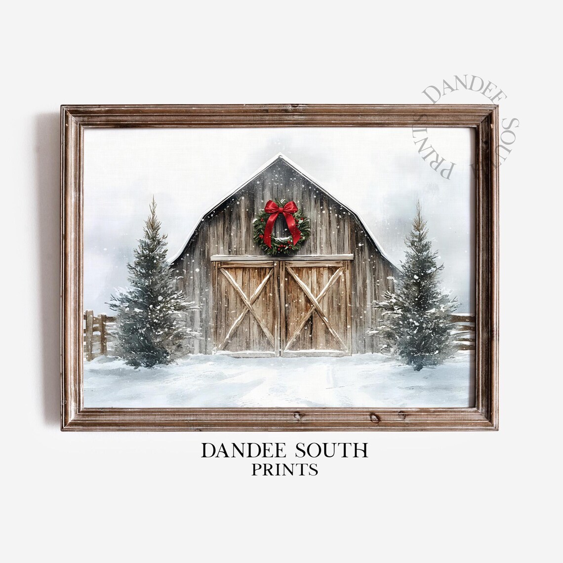 Rustic Wooden Barn Red Bow Wreath Snowy Winter Farmhouse Poster