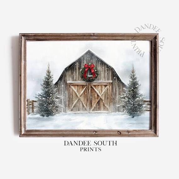 Rustic Wooden Barn Red Bow Wreath Snowy Winter Farmhouse Poster