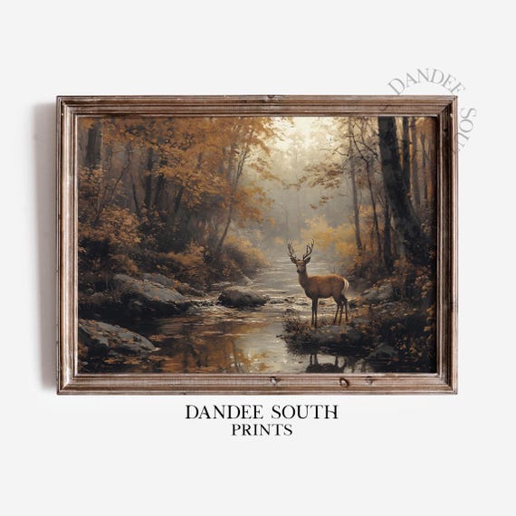 Autumn Deer Wall Art Vintage Fall Landscape Hunting Cabin Decor Nature And Wildlife Print 573