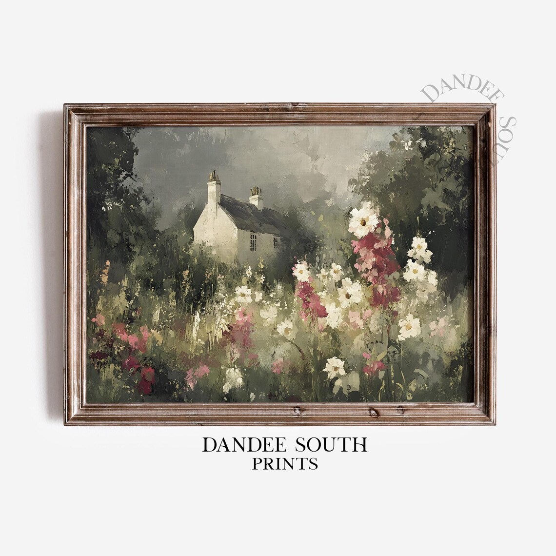 White Cottage Moody Wildflower Meadow Soft Vintage Landscape Print