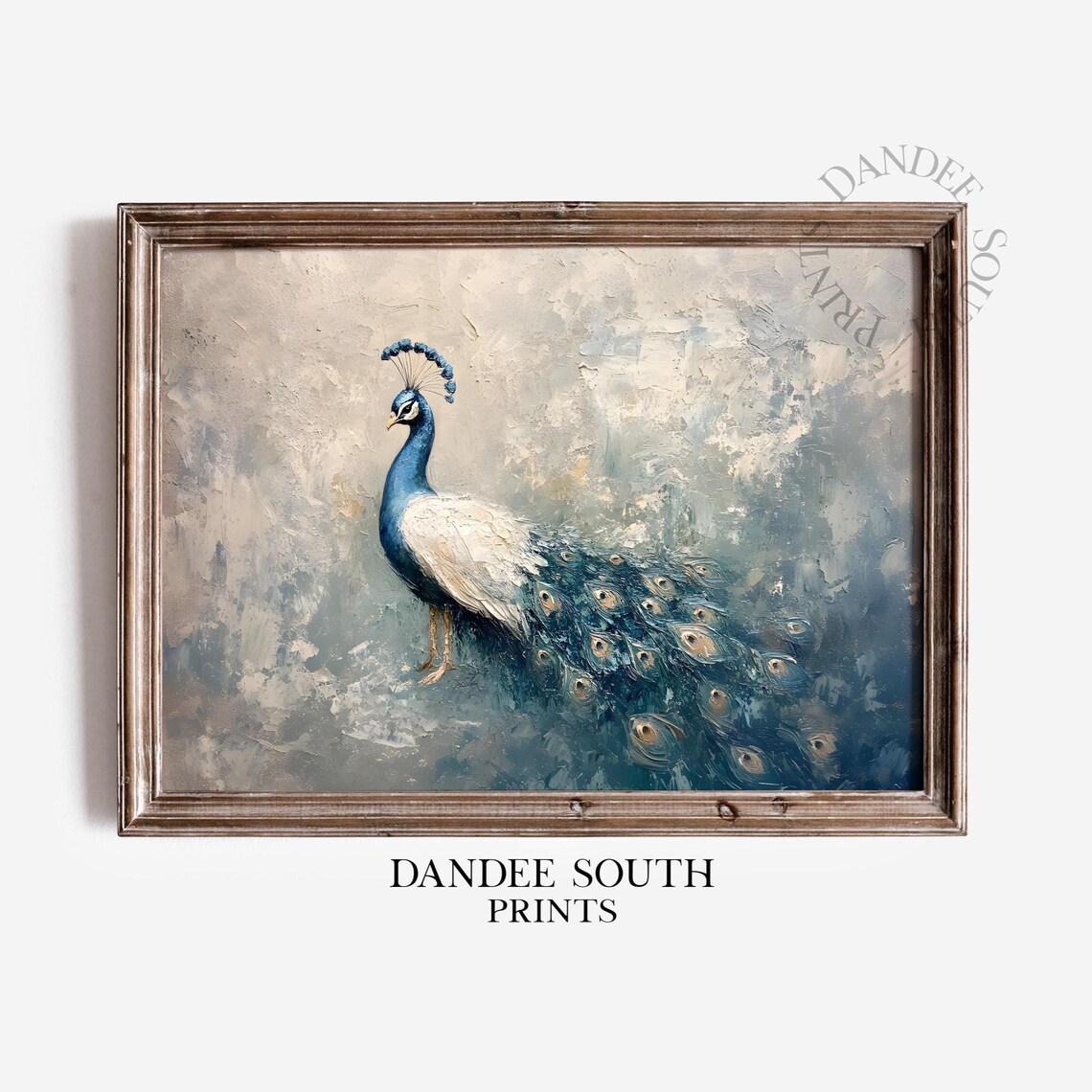Blue White Peacock Oil Painting Elegant Teal Bird Art Poster