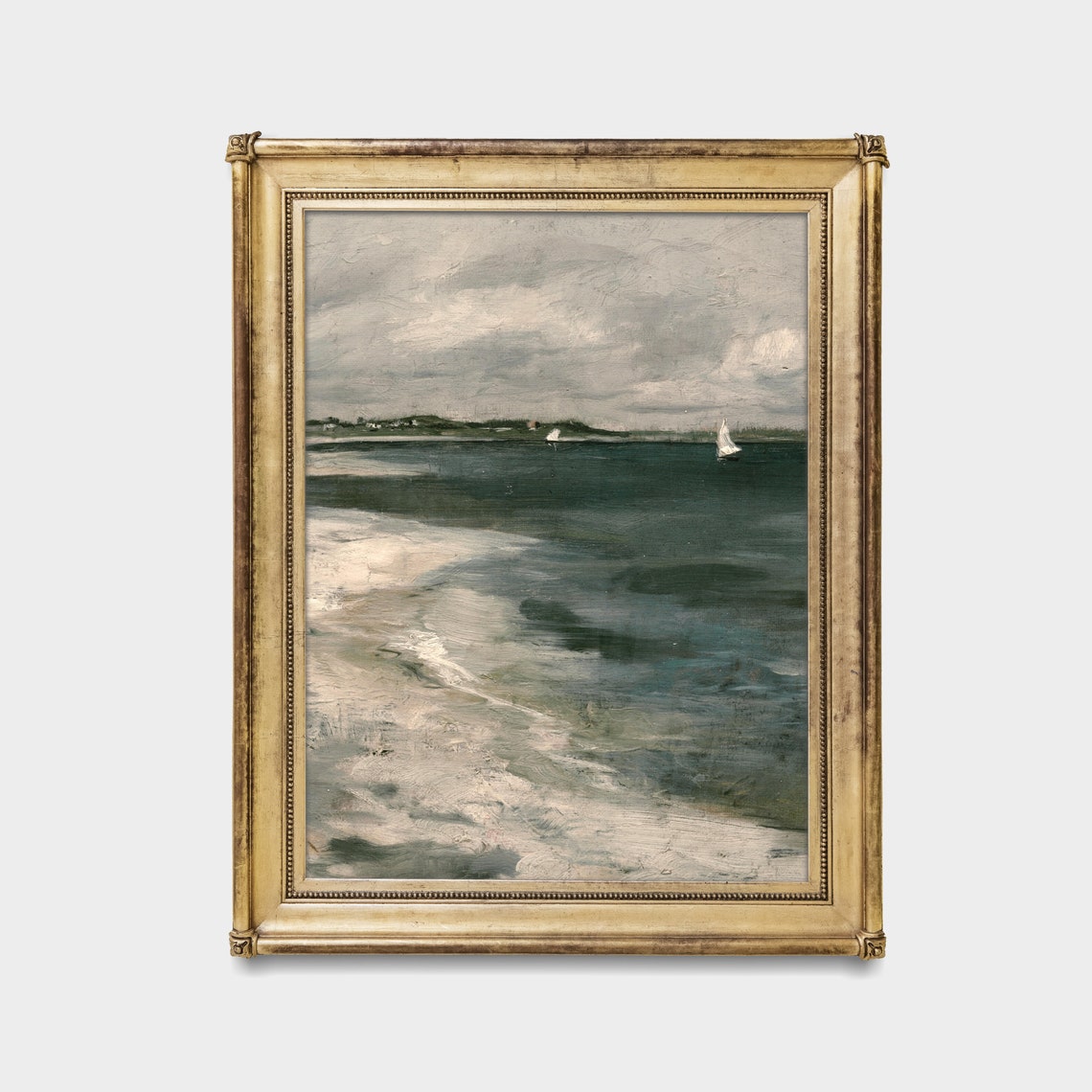 White Sailboats on a Gray Overcast Sea Coastal Painting Poster - Image 4