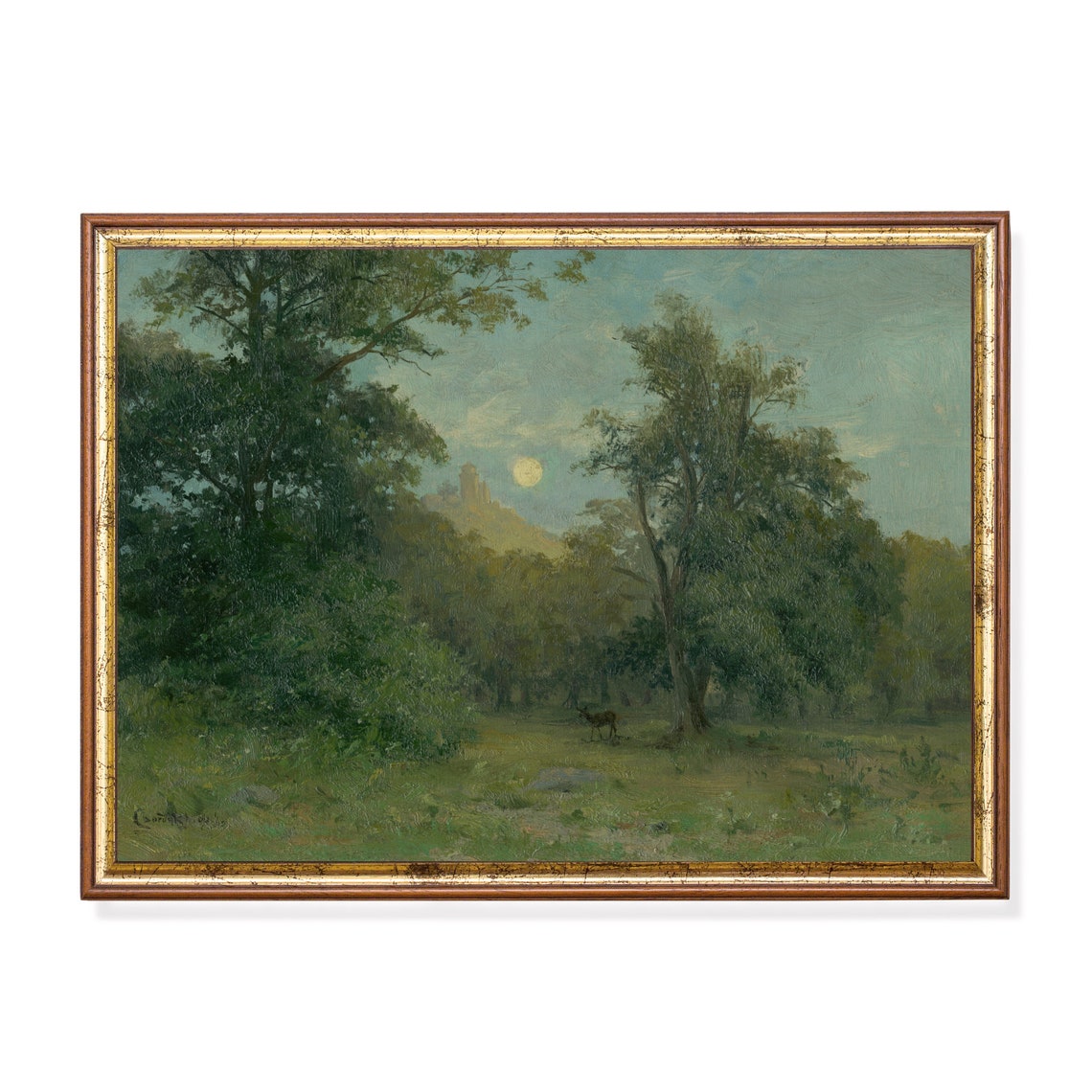 Vintage Moonlit Forest Glade Full Moon Deer Nocturnal Scene Poster