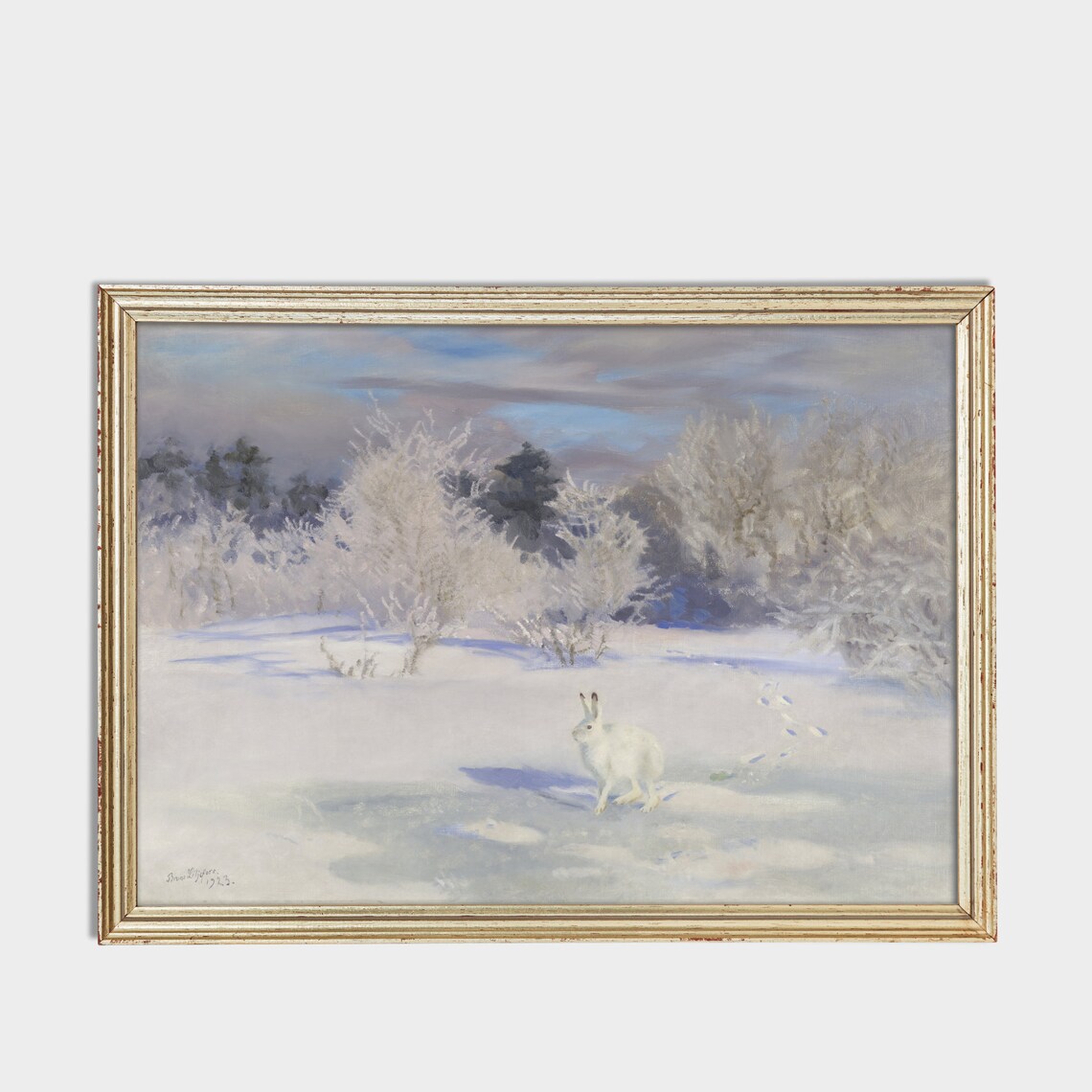 White Hare Standing in a Snowy Landscape With Frosted Bushes Poster - Image 3