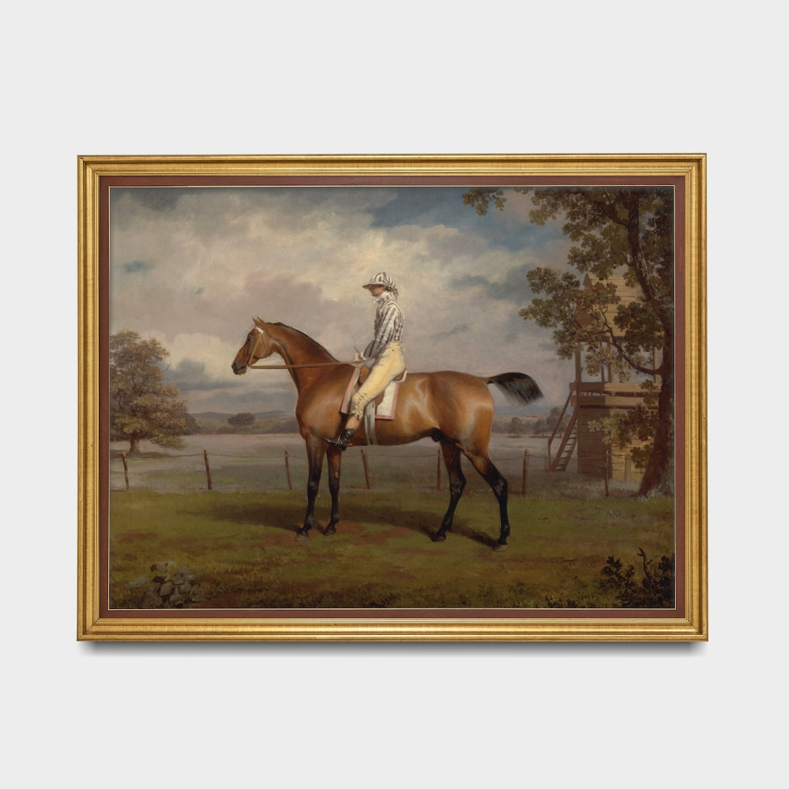 Jockey in Striped Silks Aboard a Bay Racehorse Near Grandstand Poster - Image 3
