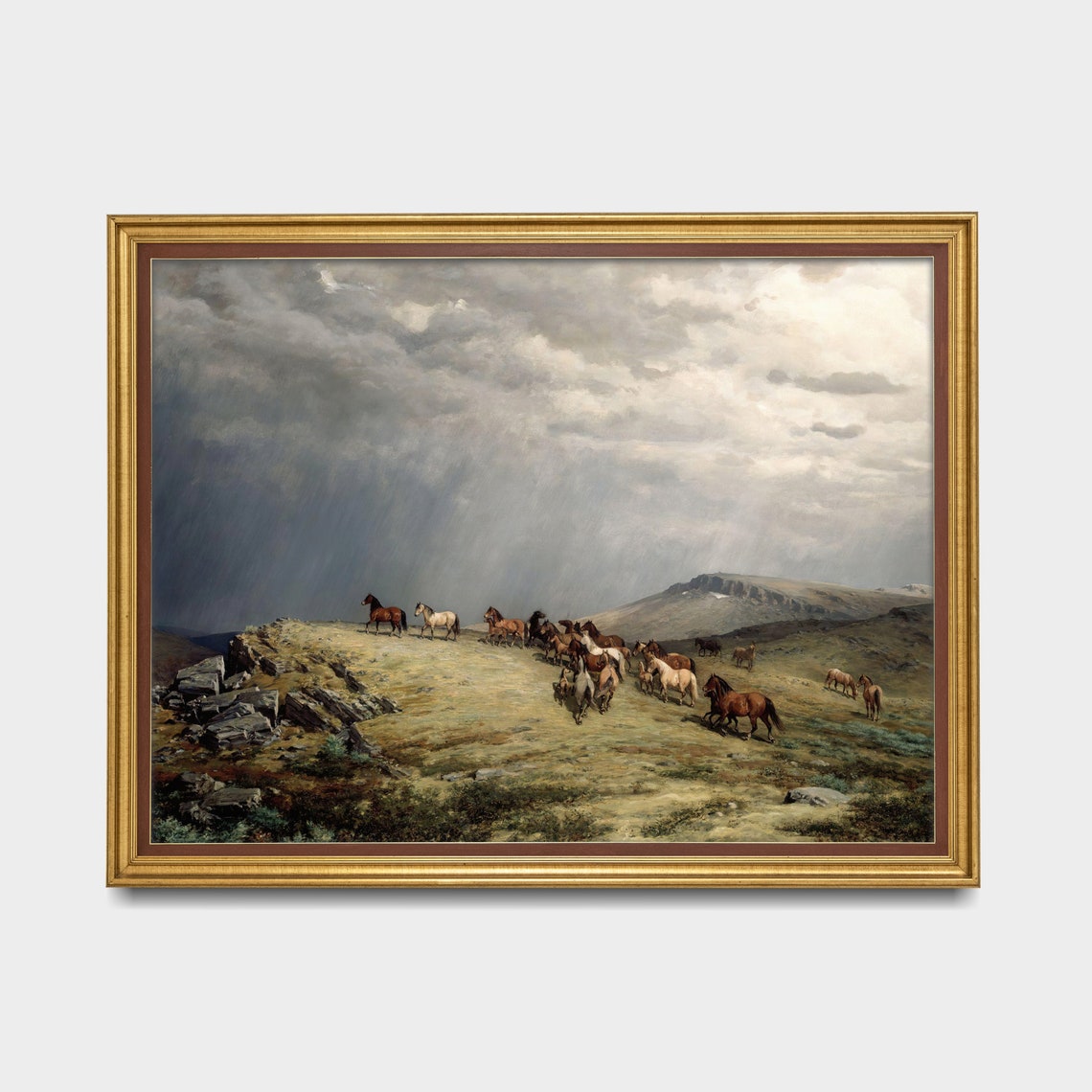 Herd of Horses on a Mountain Plateau Under Storm Clouds Poster - Image 3