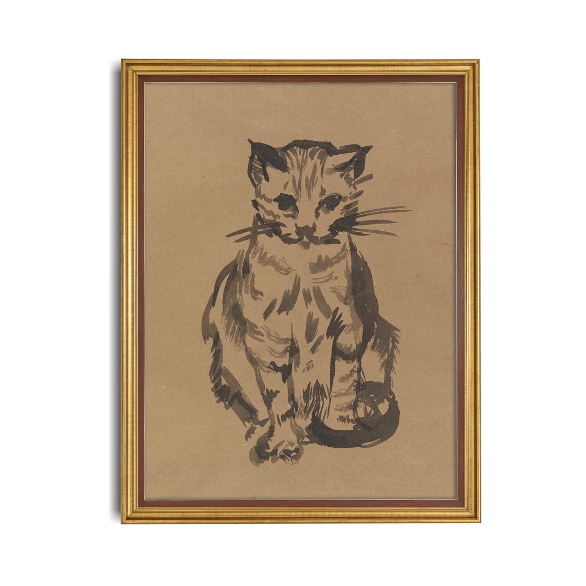 Tabby Cat Ink Sketch on Warm Tan Paper Vintage Feline Poster - Image 4