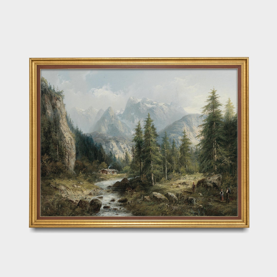 Alpine Stream with Smoky Cabin and Snowy Peaks Vintage Nature Poster - Image 3