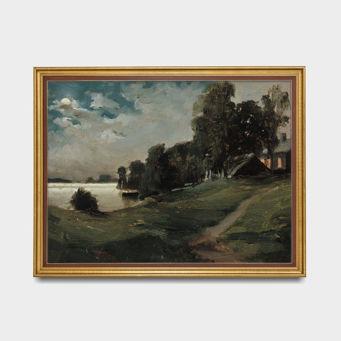 Moonlit Riverside Farmstead With Glowing Windows Moody Evening Poster - Image 5