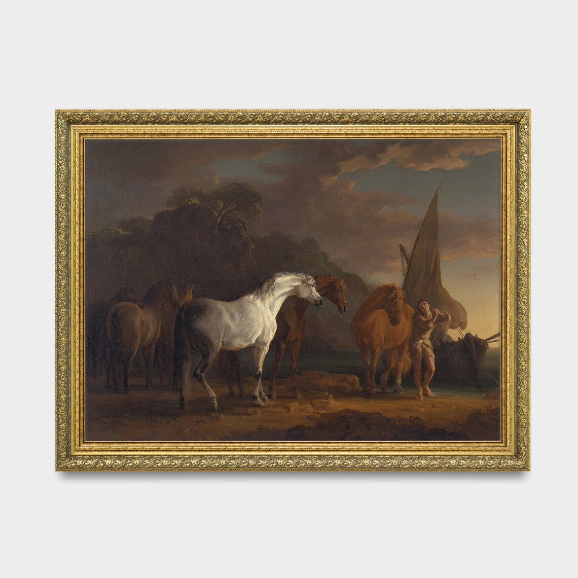 Horses on the Shore at Dusk With a Fisherman Boy Vintage Poster - Image 3