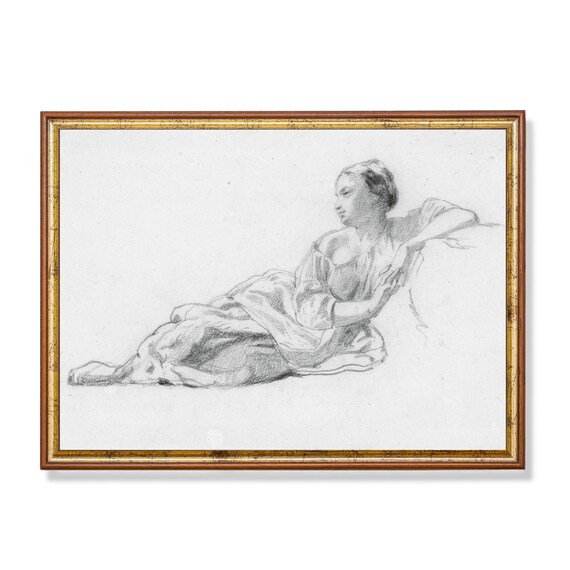 Reclining Woman Pencil Sketch Minimalist Antique Figure Drawing Poster