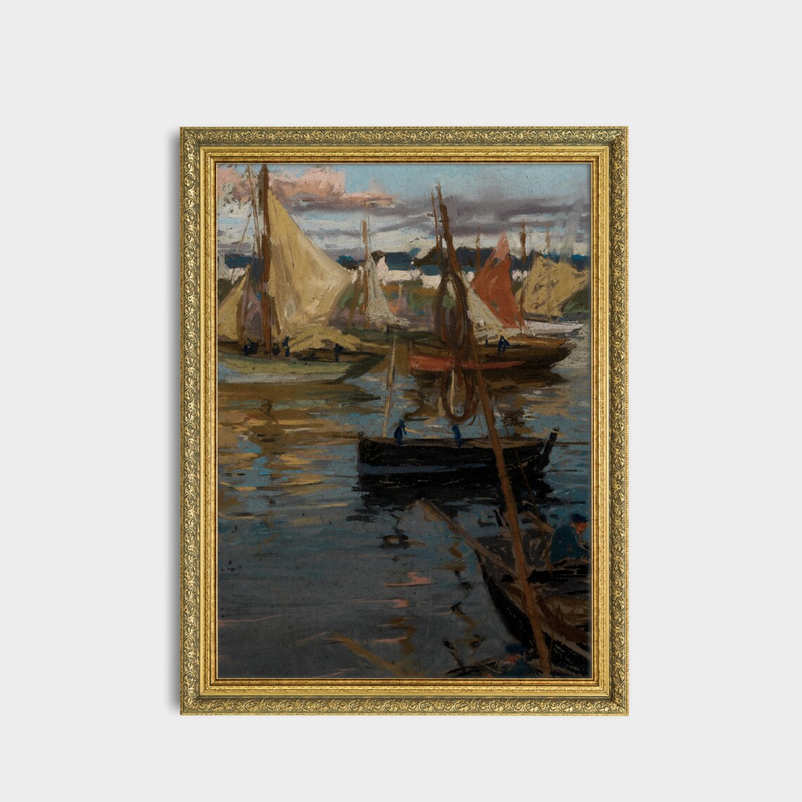 Moody Sailboat Harbor at Dusk Vintage Coastal Oil Painting Poster - Image 2