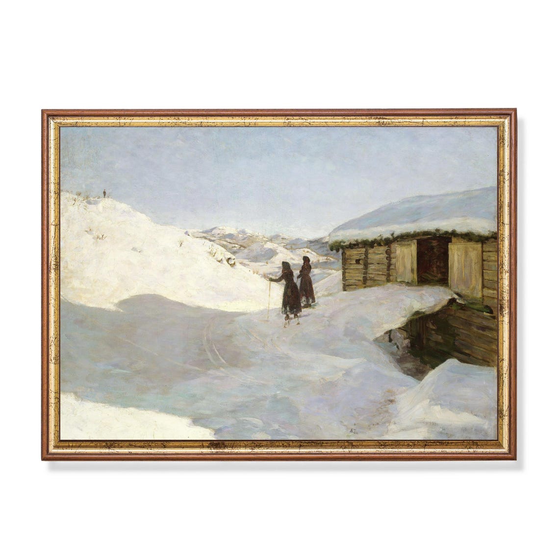 Two Small Figures in Snow by a Wooden Hut Minimal Winter Poster