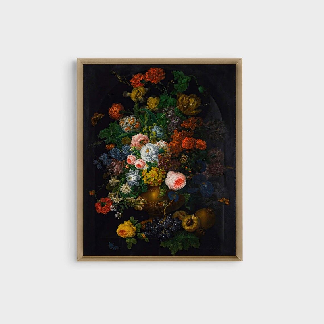 Colorful Bouquet in a Brass Vase With Grapes Dark Floral Poster - Image 2
