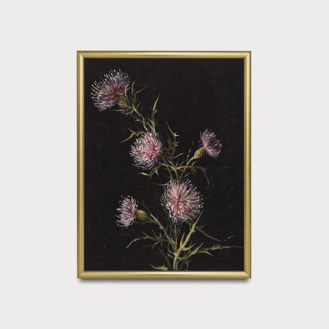 Moody Botanical Thistle Flower Painting on a Black Background Poster - Image 5