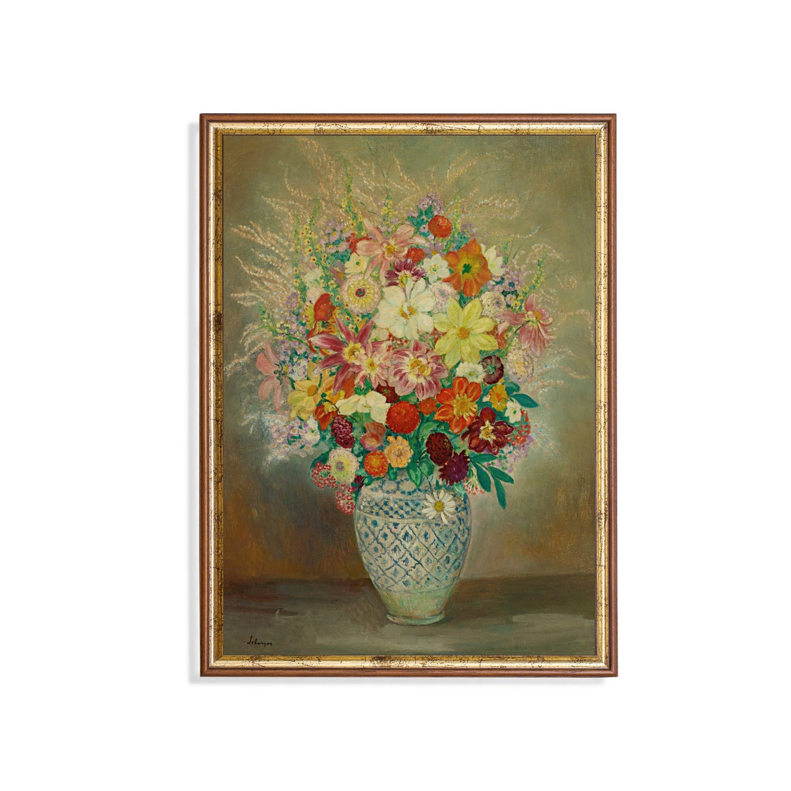 Vintage Floral Bouquet in a Blue Patterned Vase Still Life Poster