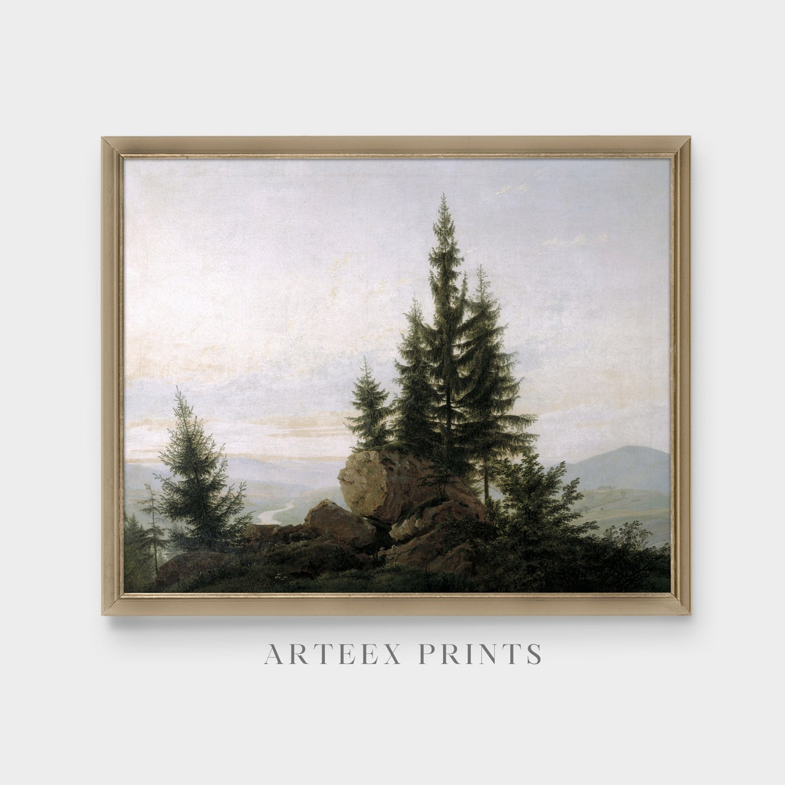 Fir Trees and Rocks Over a Misty Valley Vintage Landscape Poster - Image 4