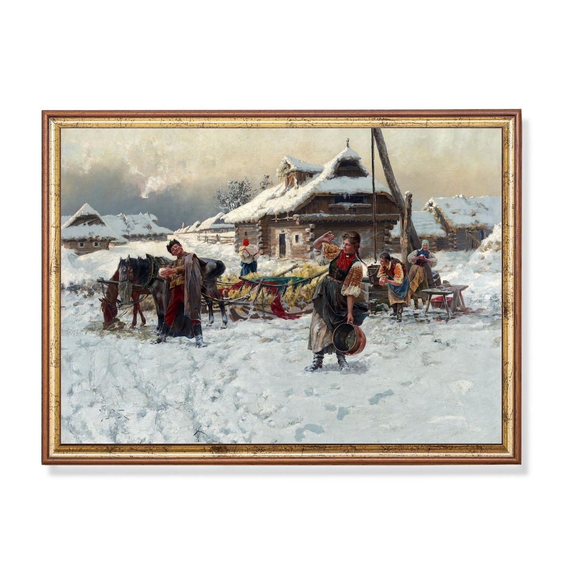 Snowball Fight in a Snowy Russian Village Vintage Art Poster