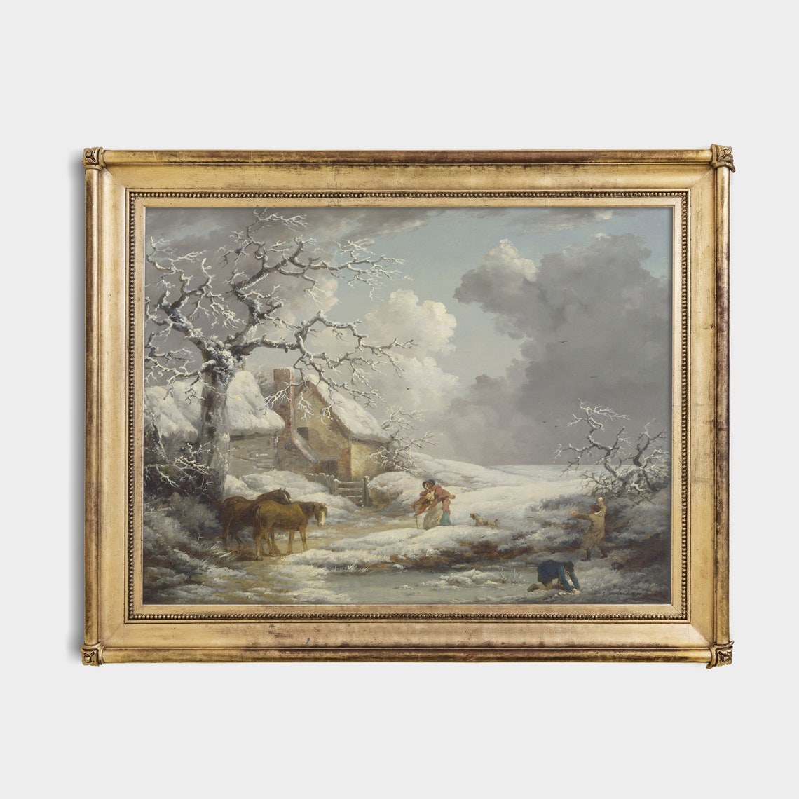 Snowy Cottage Village Winter Scene Children Playing Vintage Poster - Image 2