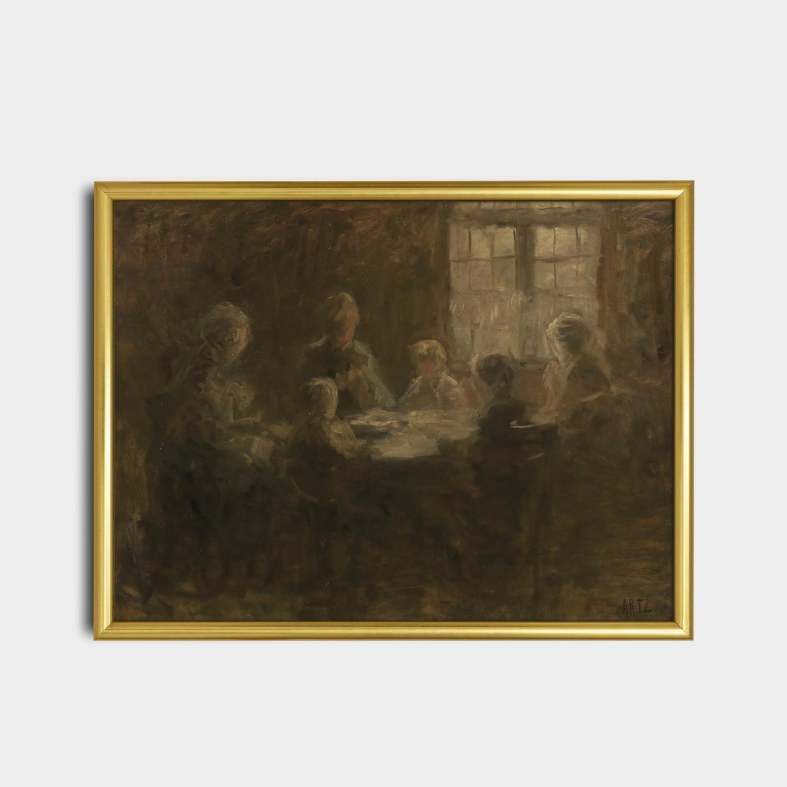 Devout Family Praying Together Moody Antique Figurative Oil Poster - Image 2