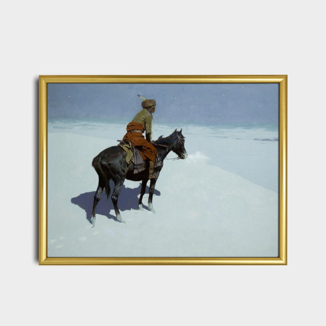 Moonlit Snow Prairie Scout on Horseback Vintage Western Art Poster - Image 2