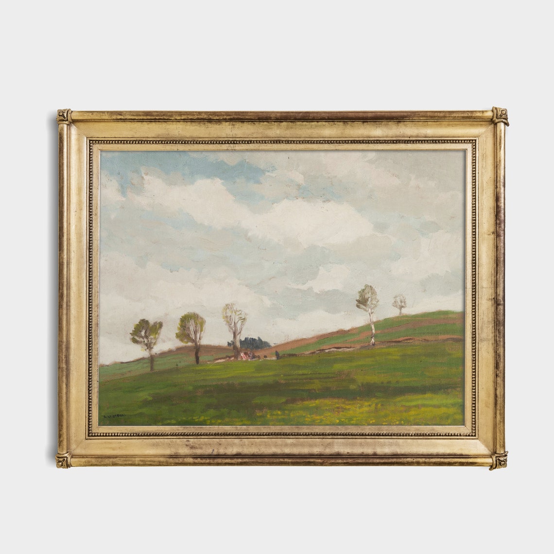 Green Spring Meadow Scattered Trees Big Sky Antique Landscape Print - Image 3