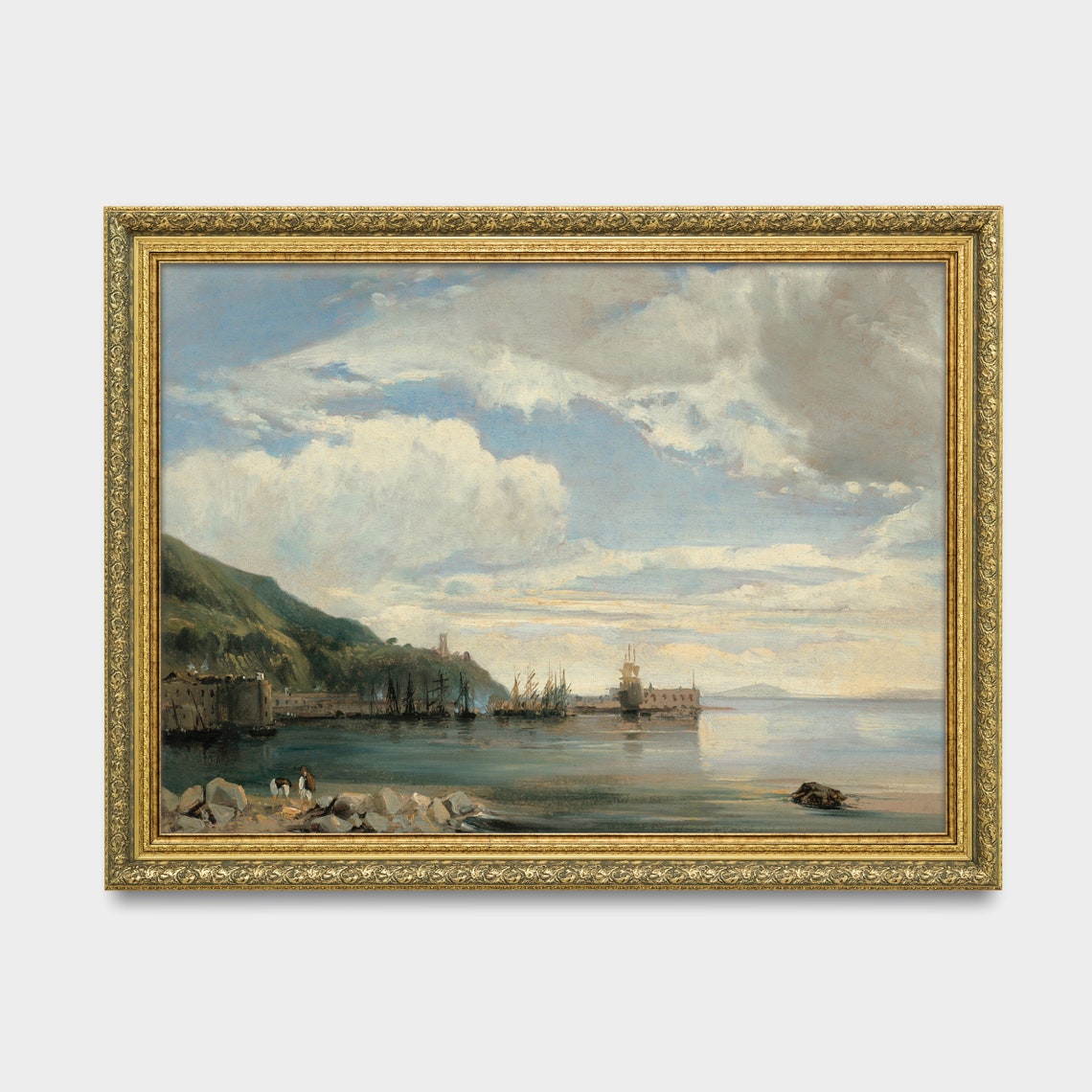 Tranquil Harbor Town with Anchored Boats Beneath Green Hills Poster - Image 3