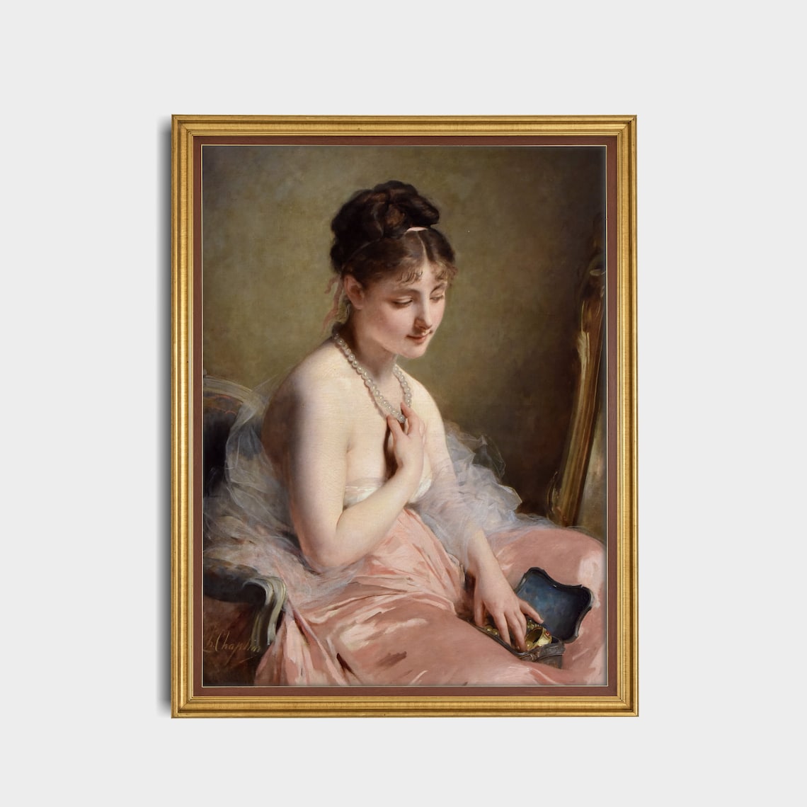 Elegant Woman in a Pink Satin Gown with Pearls Vintage Wall Art - Image 3