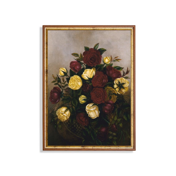 Vintage Still Life Painting Still Life With Roses Antique Moody Print Vertical Wall Art Floral Print