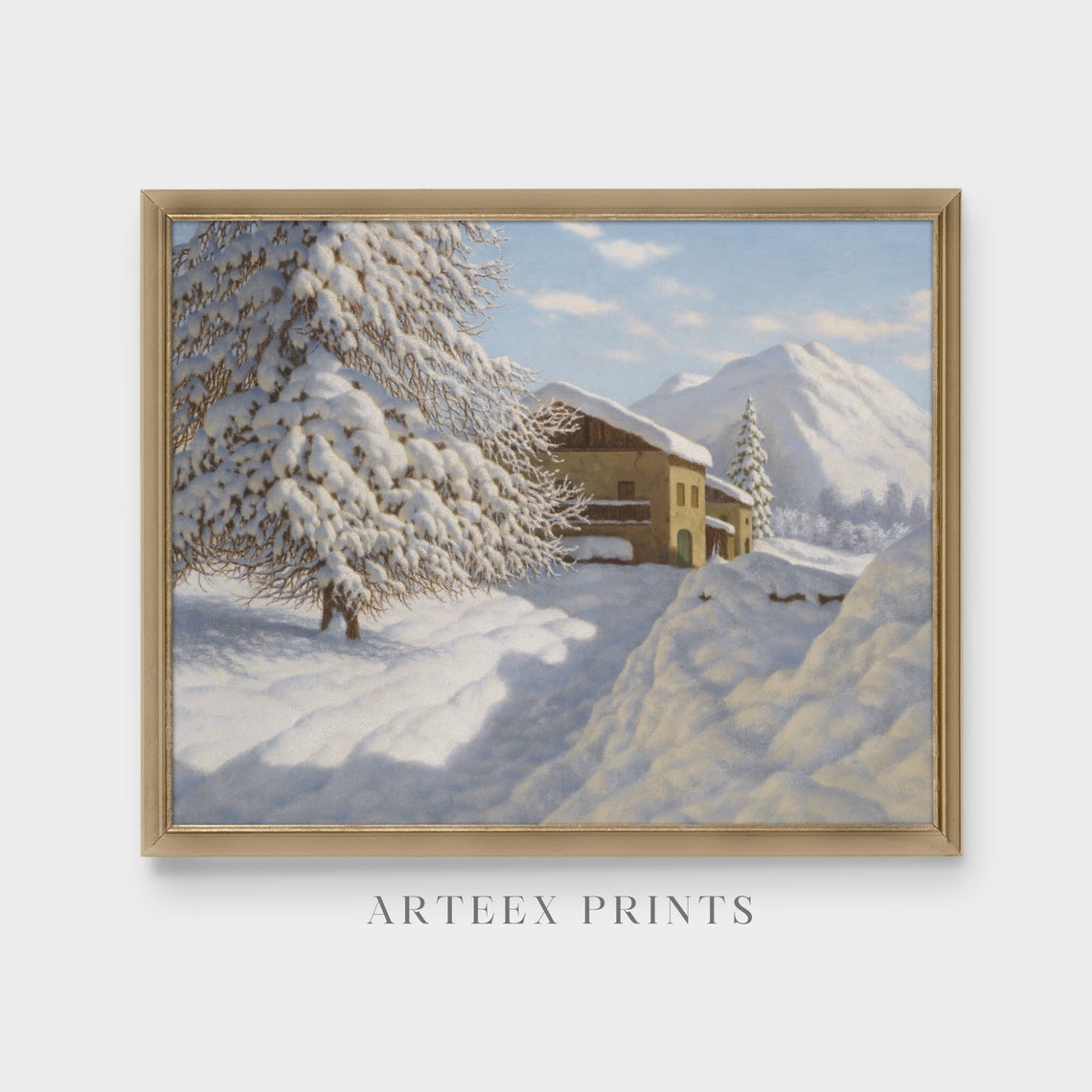 Snowy Alpine Farmhouse with Snow-Laden Tree Bright Winter Poster - Image 4