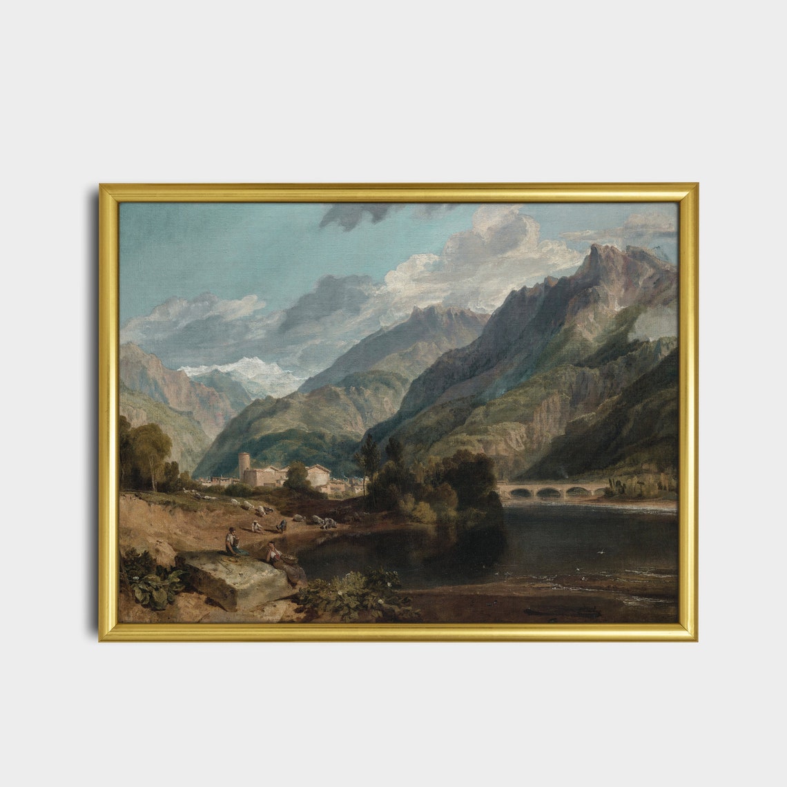 Alpine Village with Stone Bridge and River in Mountain Valley Poster - Image 2