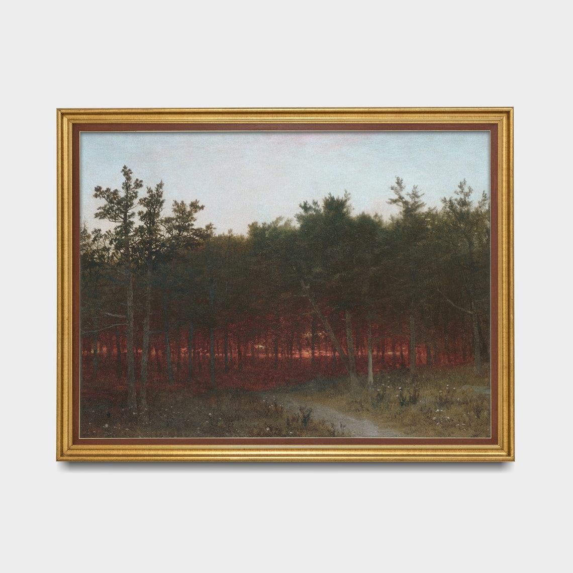 Twilight Pine Forest With Red Sunset Glow Vintage Painting Poster - Image 5