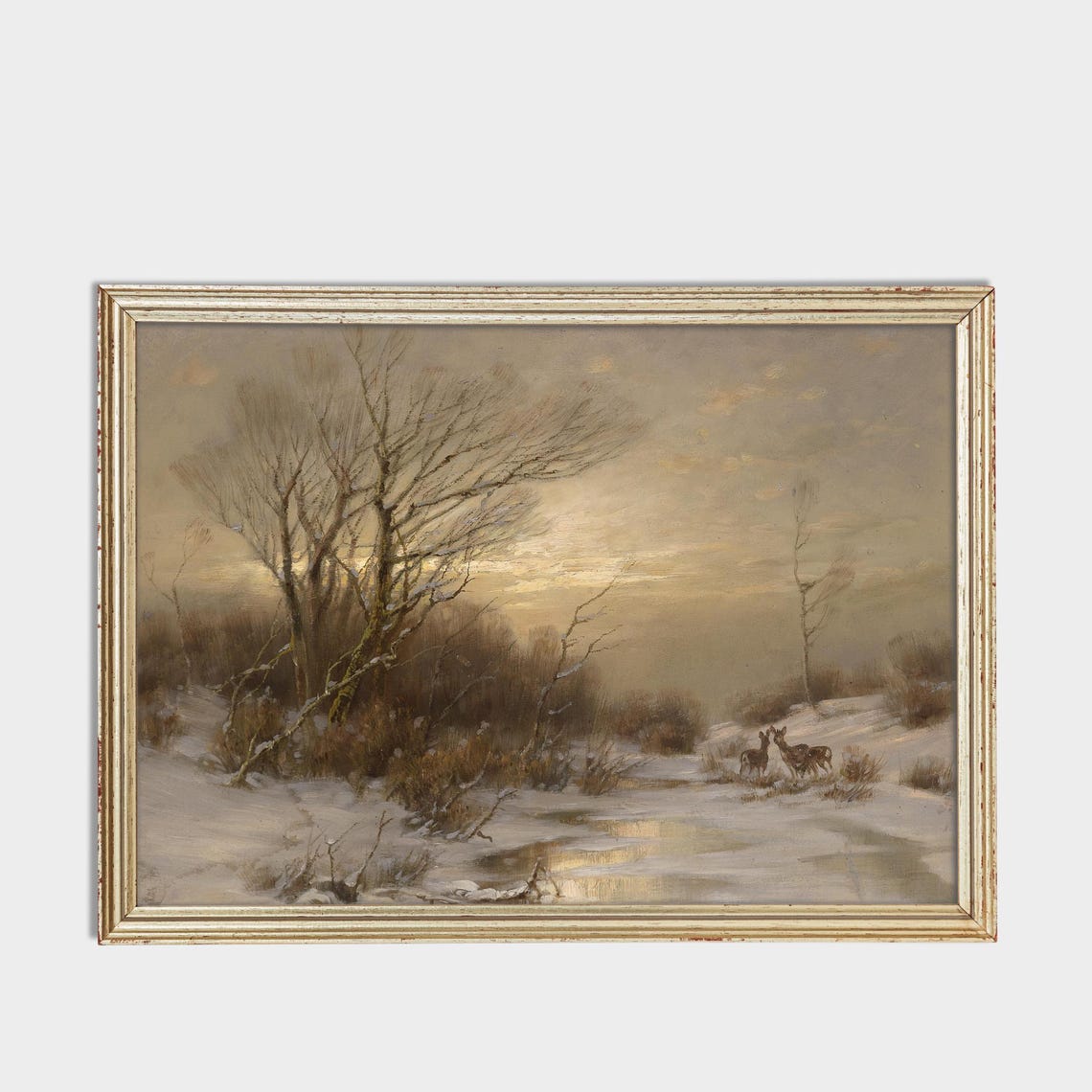 Deer by a Frozen Stream in a Snowy Winter Landscape Vintage Poster - Image 3