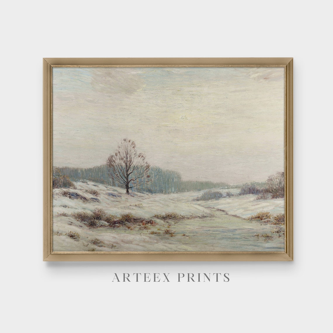 Lone Bare Tree in a Misty Winter Field Pastel Landscape Poster - Image 3
