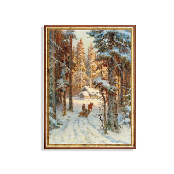 Winter Snowy Forest Vintage Oil Painting, Christmas Art Print