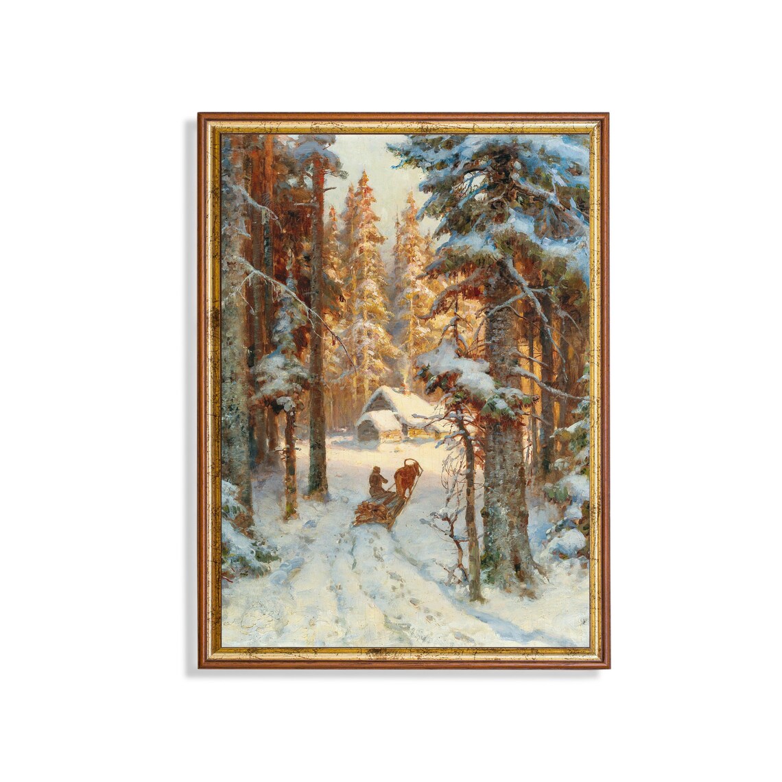 Winter Snowy Forest Vintage Oil Painting, Christmas Art Print