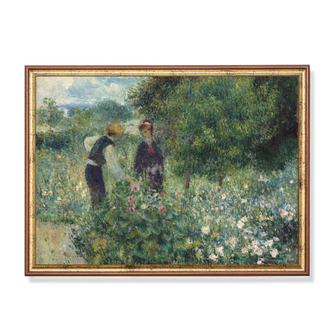 Two Gardeners Picking Flowers in a Lush Impressionist Garden Poster