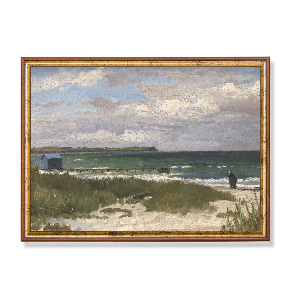 Beach Hut and a Lone Figure on a Windswept Coastal Shore Poster