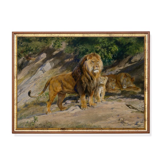 Printed And Shipped Vintage Lion Painting Antique Art Print Moody Rustic Art Animal Lover Gift Lion In Jungle Physical Prints