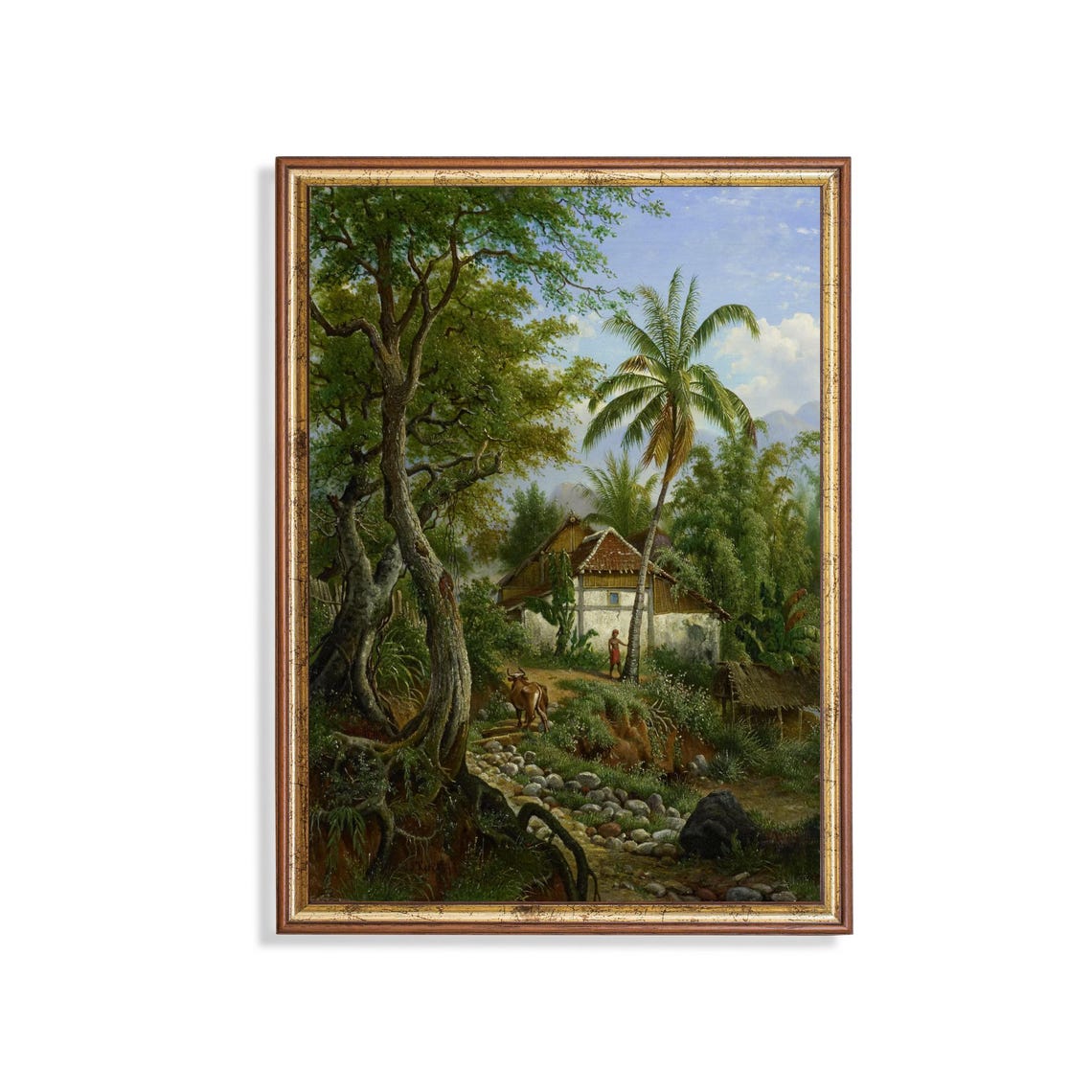 Tropical Landscape with Palm Trees and a Village Hut Art Poster