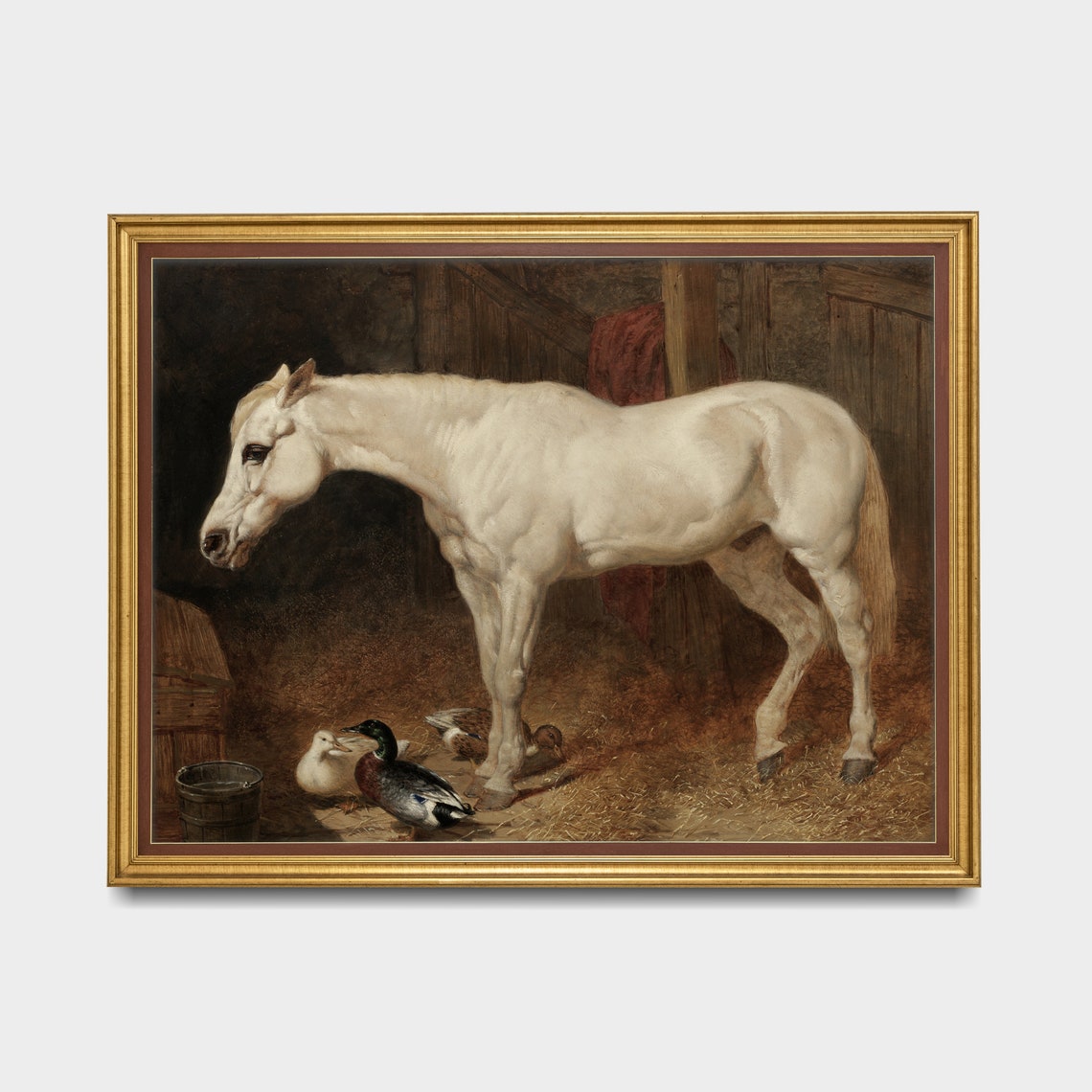 White Horse in Stable with Mallard Ducks Antique Animal Print - Image 5