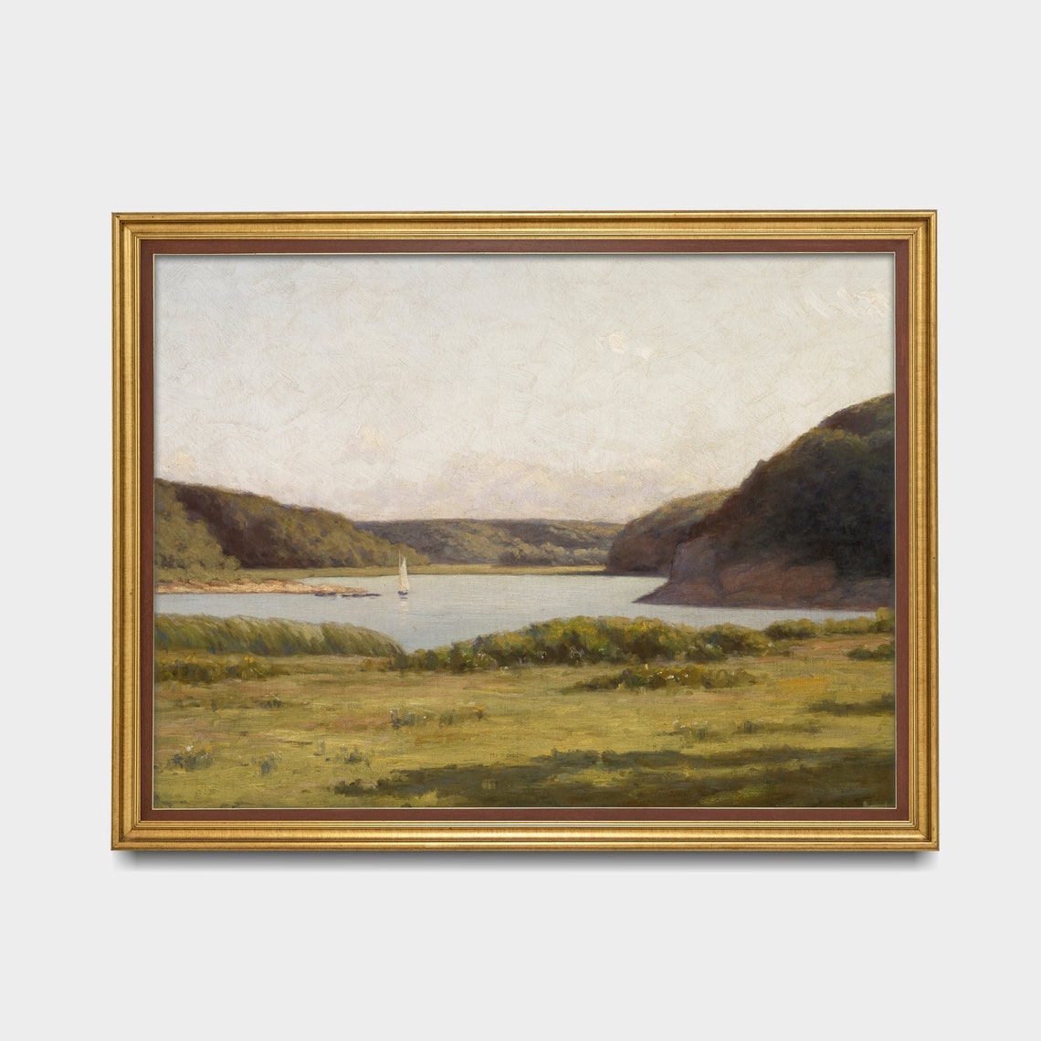 Sailboat on a Calm Lake in a Green Summer Valley Serene Poster - Image 2