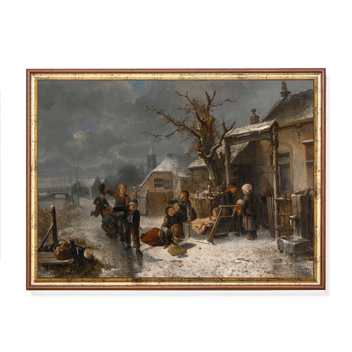 Children Playing in the Snow Outside a Cottage Vintage Winter Poster