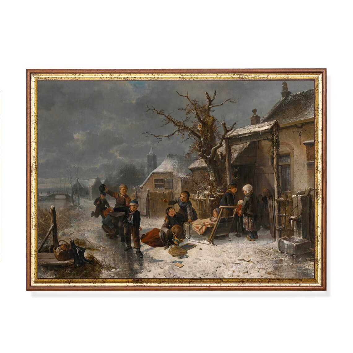 Children Sledding Outside a Winter Cottage Vintage Snow Scene Poster