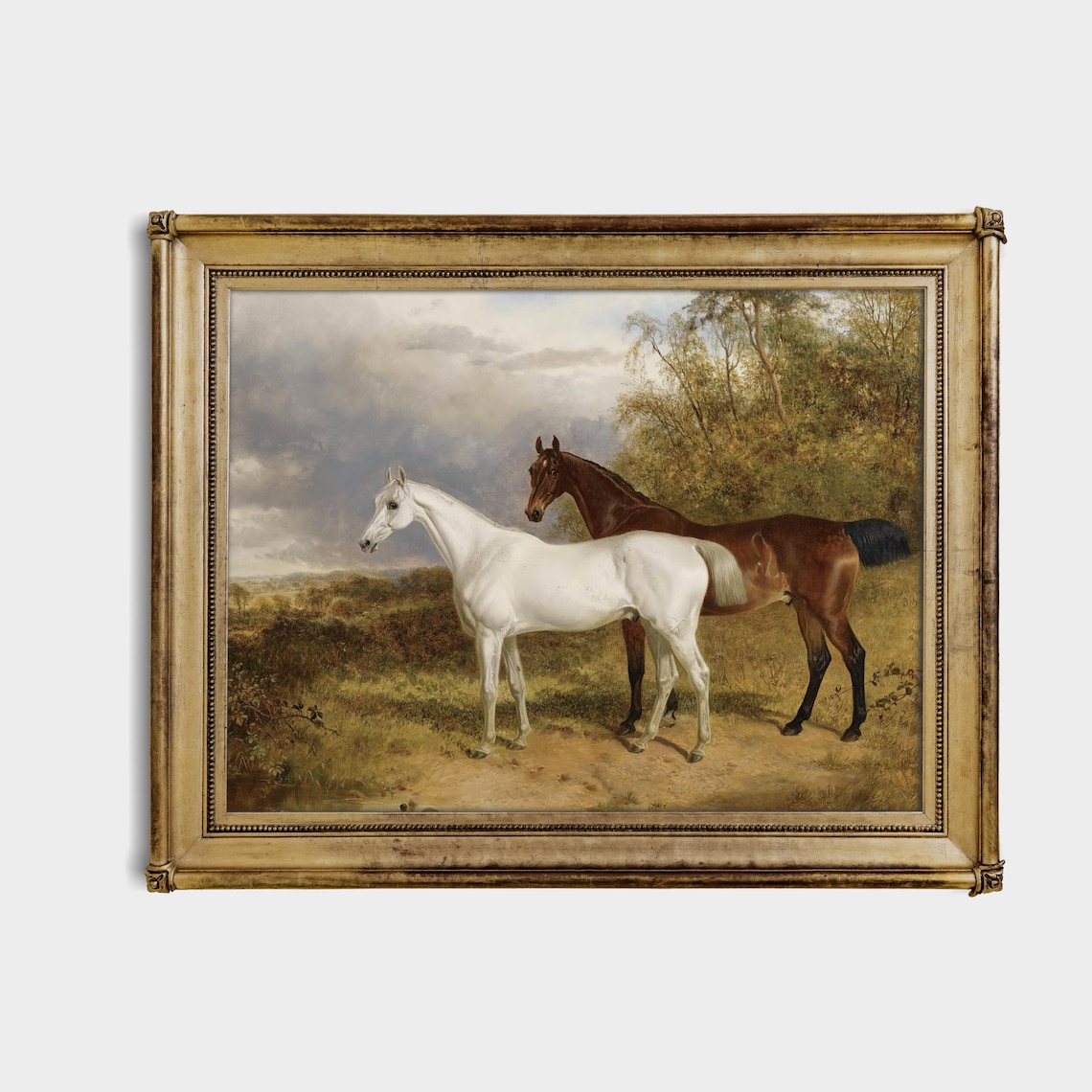 White and Bay Horses Standing Together in a Sunny Field Oil Poster - Image 4