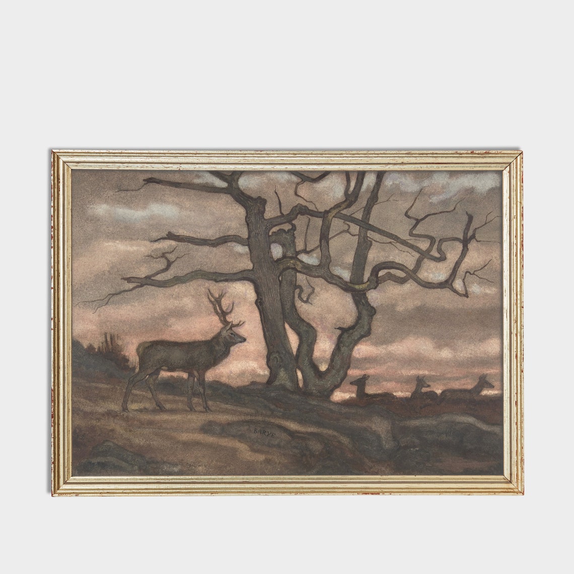 Stag By Gnarled Tree At Dusk Vintage Rustic Deer Painting Poster - Image 2