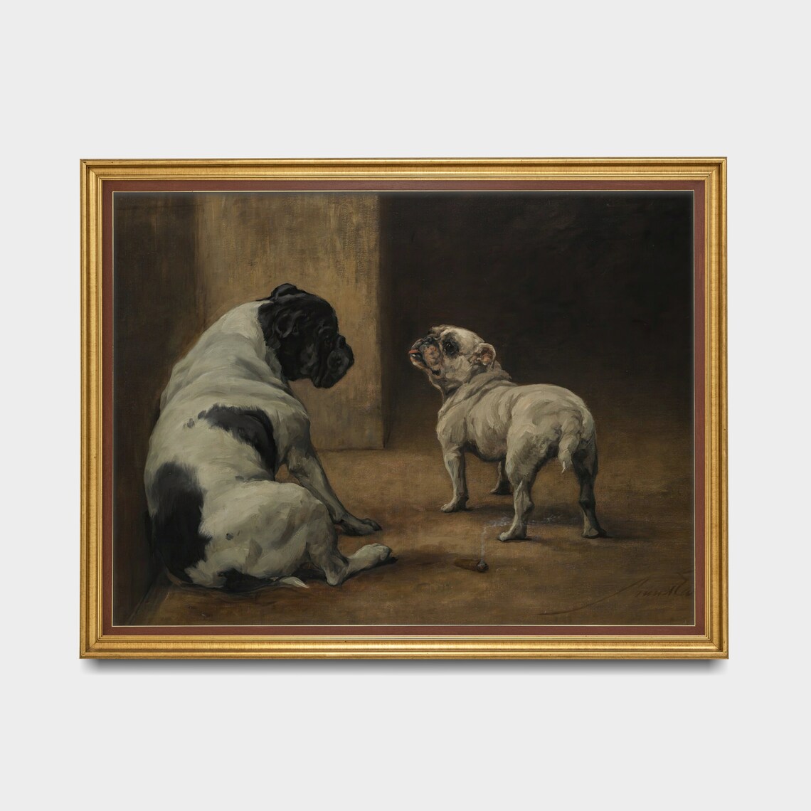 Two Bulldogs And A Small Bird Vintage Canine Oil Painting Poster - Image 5