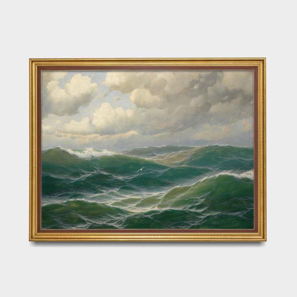 Green Ocean Waves Under Cloudy Sky Vintage Seascape Painting Poster - Image 3